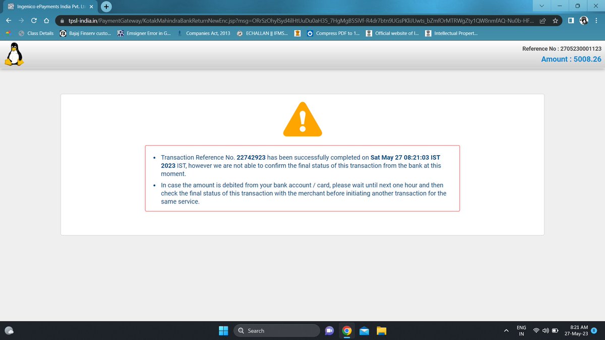 Arpitvipingupta's tweet photo. Filed Form DIR-3 KYC of DIN: 03560448 Dt. 27/05/2023  SRN AA2606181. The Payment has been deducted of Rs. 5000/- from my account. After the Payment the Error Showing (attached)
and status showing payment incomplete and no payment refund till date. @HelpdeskMCA21V3 @MCA21India https://t.co/4vYQq4HpyY