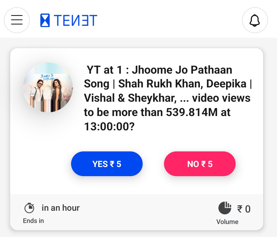 AppTenet's tweet photo. Come and join the conversation!! Whether *Jhoome Jo Pathaan Song video* views to be more than 539.814 MN at 1 p.m.?

Tap on the link to participate.
https://t.co/LeWzo34LPB

#tenetapp #pathaan
#predictAndWin https://t.co/SUu9L2uw8Y