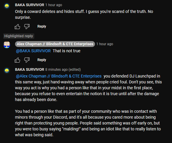 B4k4Survivor's tweet photo. Just putting these screenshots here of some comments left recent on @alchappersyt 's YT video about #DJLaunchpad because #Crappers seems really proud of deleting like 95% of the comments ppl left, many which called for him to ban minors from his discord https://t.co/jlOBccDOaY https://t.co/W98ks3EmUN