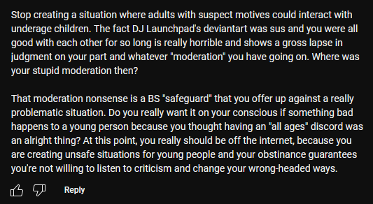 B4k4Survivor's tweet photo. Just putting these screenshots here of some comments left recent on @alchappersyt 's YT video about #DJLaunchpad because #Crappers seems really proud of deleting like 95% of the comments ppl left, many which called for him to ban minors from his discord https://t.co/jlOBccDOaY https://t.co/W98ks3EmUN