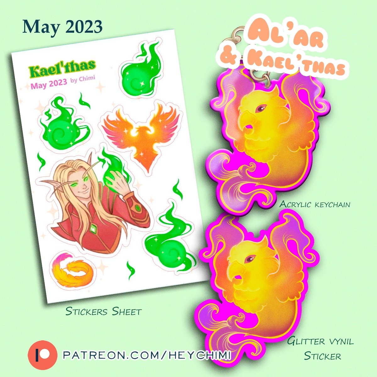 HeyChimi's tweet image. Hey!!

This is the list of May rewards:

💚 Kael'thas sticker sheet

💚Glitter Vinyl Al'ar sticker

💚Acrylic Keychain

I couldn't this month make proper Professional sticker, so I will add a mysterious holo glitter sticker :D 
Join before 1st June to get them.

#alar #kaelthas