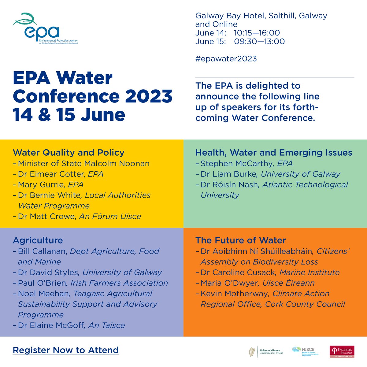 EPAIreland's tweet photo. The EPA Water Conference takes place this year on the 14th and 15th of June in Salthill, Galway &amp; online.

Speakers will share their knowledge on how to protect and improve water quality in Ireland and showcase case studies from around Ireland. More info https://t.co/x9JI7WMeGn https://t.co/9kd78TQBDR