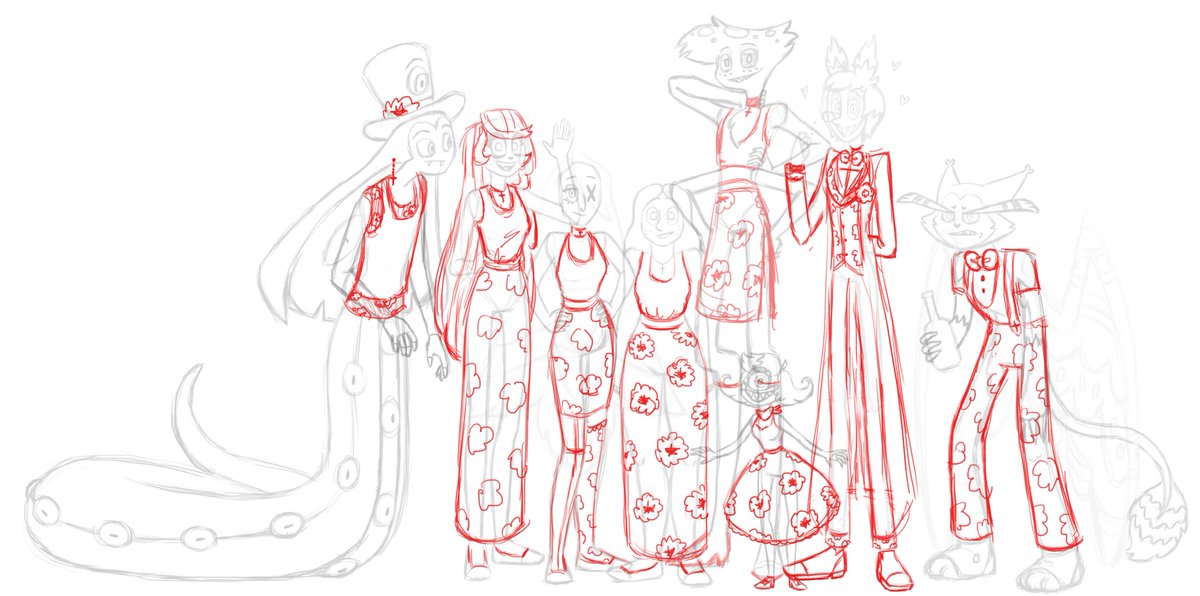 Hazbin-Bounding sketches (2 of 2): So I wanted to give the main cast of #HazbinHotel outfits inspired off of each of the characters (and I threw myself in because I’m self-indulgent). So far I only have the sketch designs done. #Husk #Niffty #Pentious