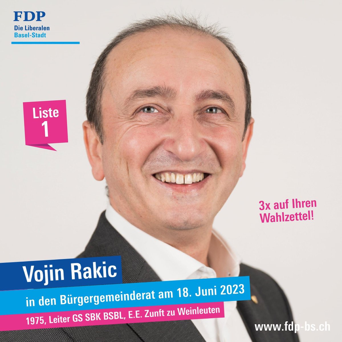 Vojin Rakic steht für faire #Einbürgerungen, #Chancengleichheit und klare Kriterien. Weil #Migration #Basel seit Jahrhunderten vorwärts bringt.
Vojin Rakic am 18. Juni 2023 in den #Bürgergemeinderat - vielen Dank für Ihre Stimme!
fdp-bs.ch 
#bürgergemeinderatswahlen