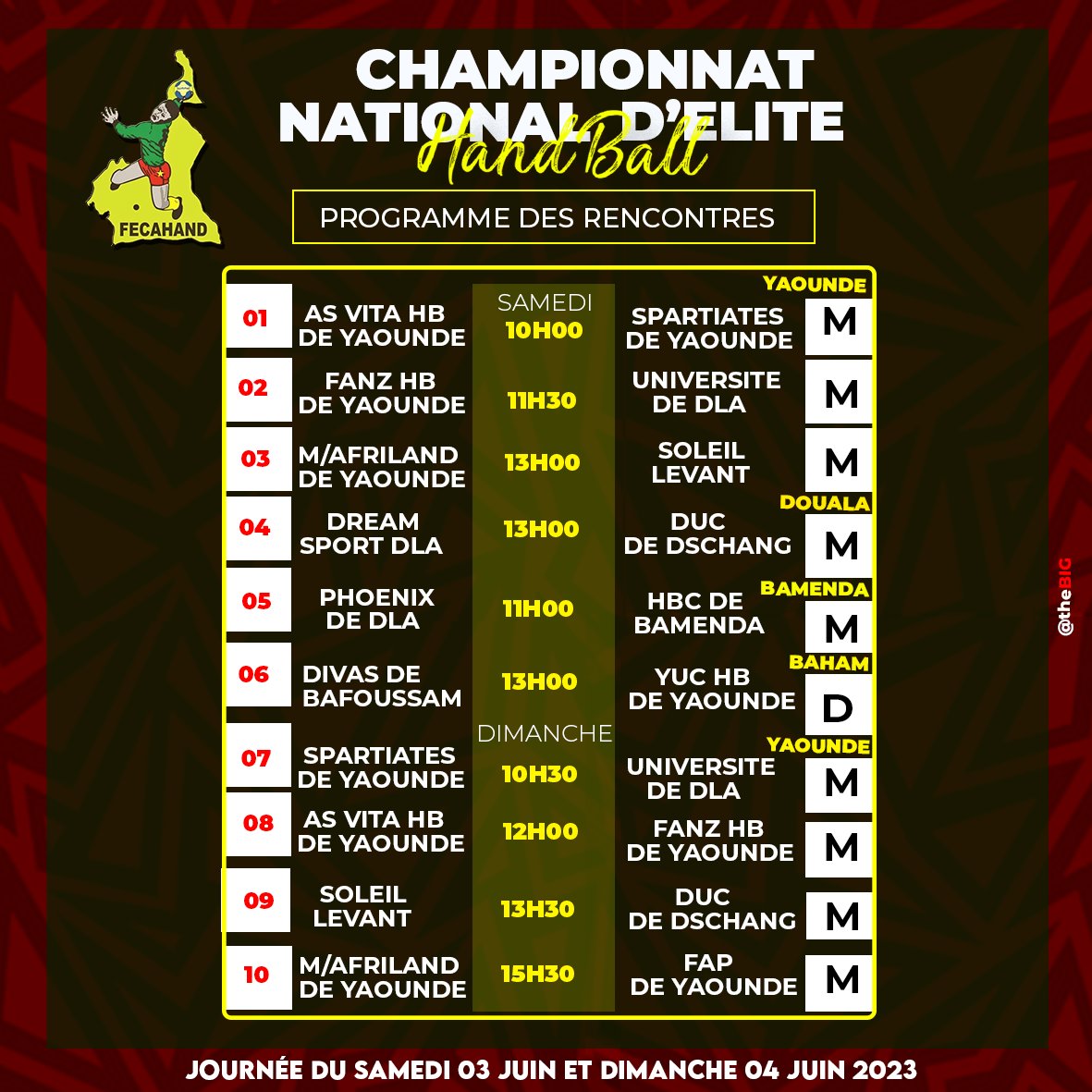 FecahandOfficie's tweet photo. 🔴 COMMUNIQUÉ
La sixième et septième journées du Championnat National d'Elite de Handball se dérouleront le samedi 03 et dimanche 04 juin 2023 suivant la programme horaire ci-après.
#fecahnd #championnatnational #Cameroun #handball #fecahand #ihf #cahb https://t.co/fxDlyGB5aQ