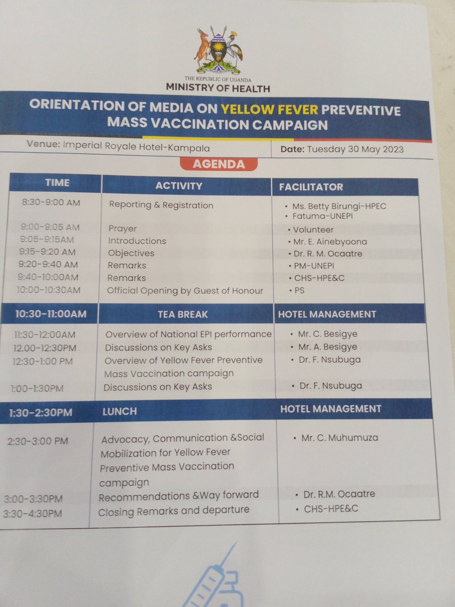 AbdulKim01's tweet photo. Media orientation is underway at Imperial Royale Hotel in Kampala.
It is organized with the main objective of creating awareness on the #Yellowfever mass vaccination campaign that will happen in June.
@ainbyoo #DaParrotUpdates https://t.co/JSxdIFtXj0