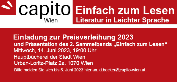 CapitoWien's tweet photo. Mehr als 170 Einreichungen haben wir bei unserem Wettbewerb Literatur in Leichter Sprache bekommen. Jetzt werden die 3 Besten ausgezeichnet. https://t.co/NYGlmkwYKt
