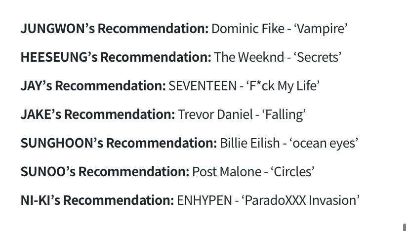 enhypen’s song recommendations.