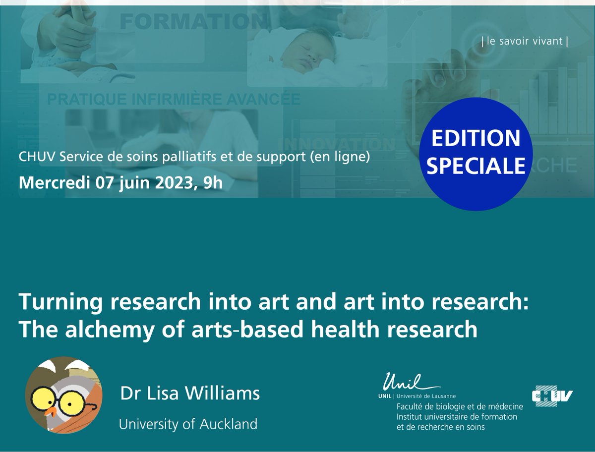 IUFRS (INACTIVE) (@iufrs) on Twitter photo * LES CONFERENCES DE L'IUFRS * SPECIAL EDITION: Research Breakfast
7 juin, 9h | WEBEX <a href="/CHUVLausanne/">CHUV / Centre hospitalier universitaire vaudois</a>
Lisa Williams: "Turning research into art and art into research - The alchemy of arts-based research"
Plus d'informations: news.unil.ch/display/168442…
<a href="/FBM_UNIL/">Faculté de biologie et de médecine (inactif)</a> <a href="/DptMedecineCHUV/">Département de médecine / CHUV</a> * LES CONFERENCES DE L'IUFRS * SPECIAL EDITION: Research Breakfast
7 juin, 9h | WEBEX <a href="/CHUVLausanne/">CHUV / Centre hospitalier universitaire vaudois</a>
Lisa Williams: "Turning research into art and art into research - The alchemy of arts-based research"
Plus d'informations: news.unil.ch/display/168442…
<a href="/FBM_UNIL/">Faculté de biologie et de médecine (inactif)</a> <a href="/DptMedecineCHUV/">Département de médecine / CHUV</a>