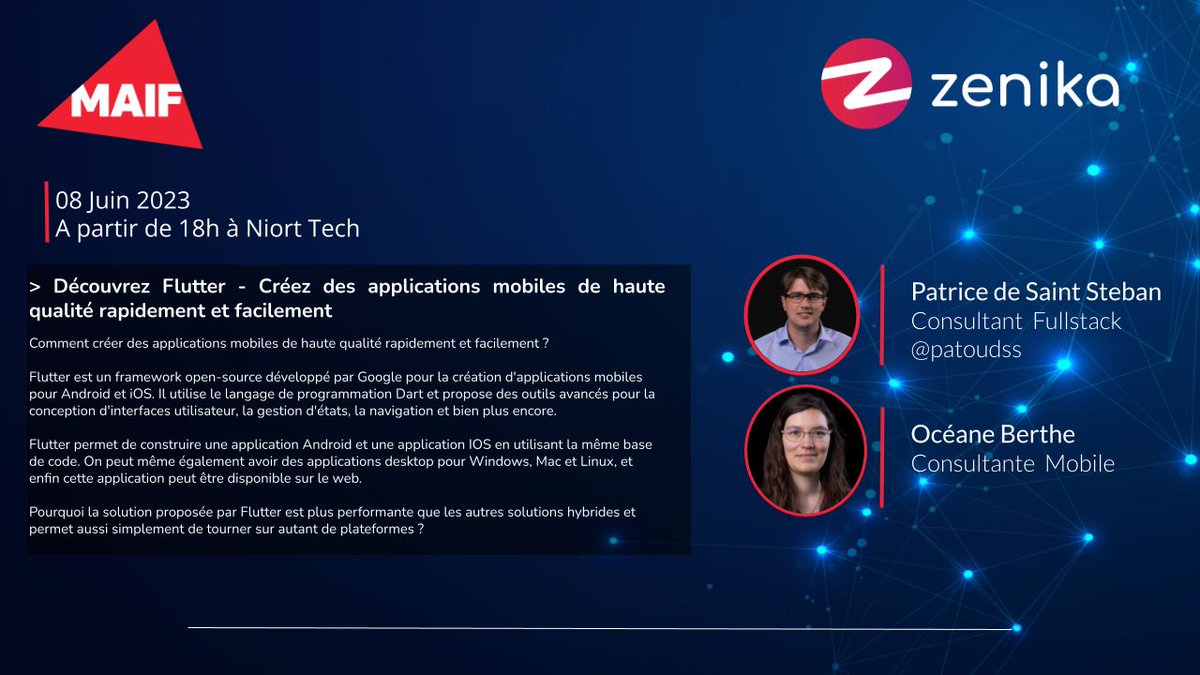📣 @zenikait et la <a href="/MAIF/">MAIF</a> organisent une soirée "Découvrez Flutter et créez des applis mobiles de haute qualité rapidement et facilement", jeudi 8 juin à partir de 18h00 à Niort TECH, avec <a href="/patoudss/">Patrice De St Steban</a> et Océane Berthe. bit.ly/soiree-zenika-…
