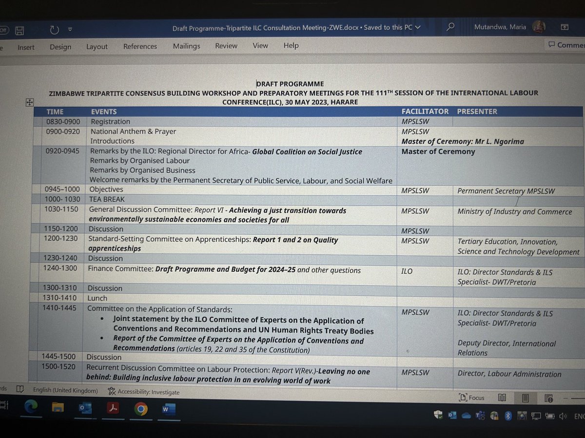 Happening today: In preparation for #ILC2023 111th session, 5-16 June the tripartite partners,Zimbabwe, are meeting to be on the same page on #SocialJustice; just transition; social protection among others. ⁦@OMpslsw⁩ ⁦@EMCOZ_Zim⁩ ⁦@ZftuZ⁩ ⁦@ZctuZimbabwe⁩