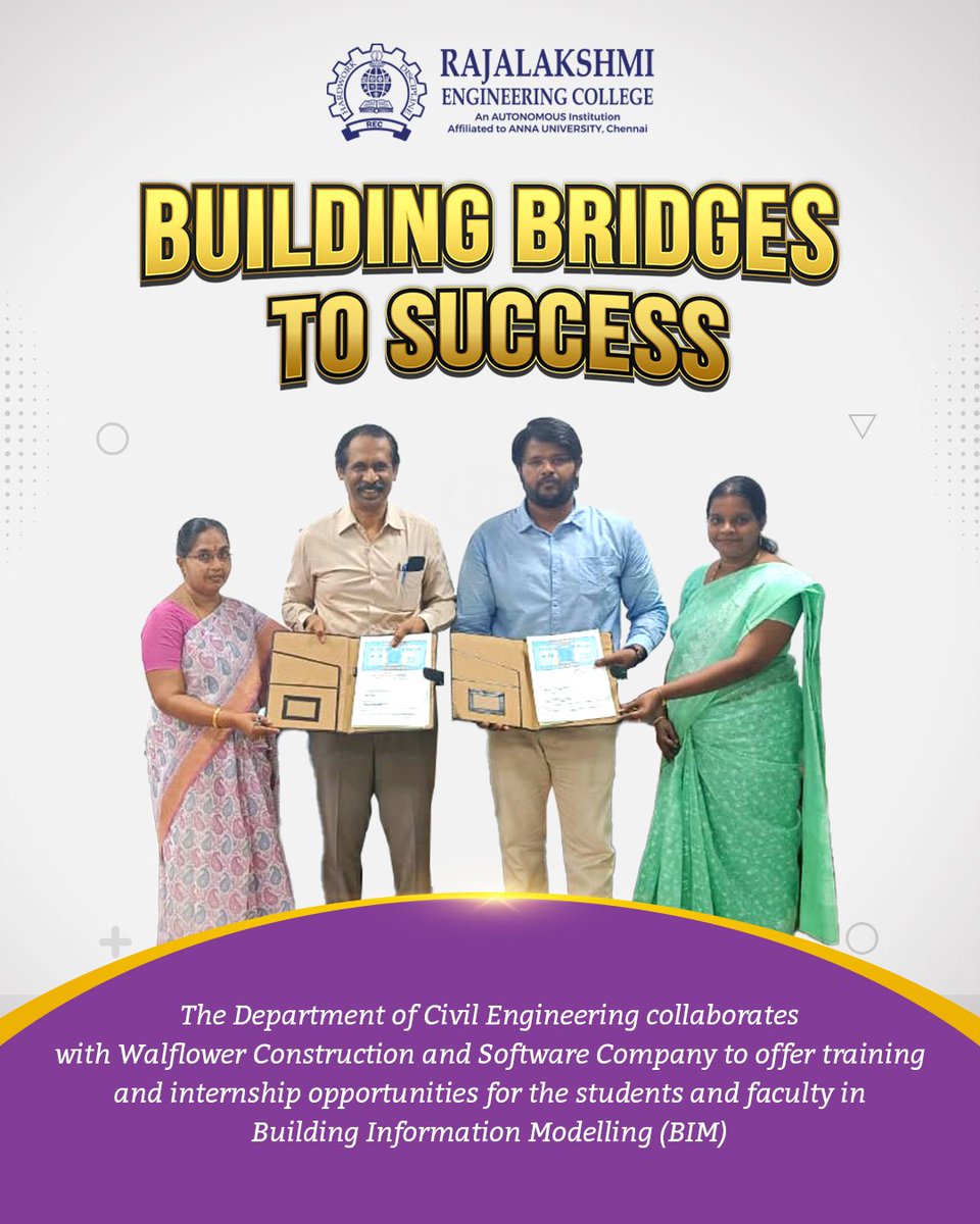 The Department of Civil Engineering has partnered with Walflower Construction and software company.

#REC #naac #Rajalakshmiinstitutions #RajalakshmiEngineeringCollege #EngineerTheFuture #EngineerYourFuture #Engineering #ExperienceREC #RajalakshmiEngineeringCollegeChennai