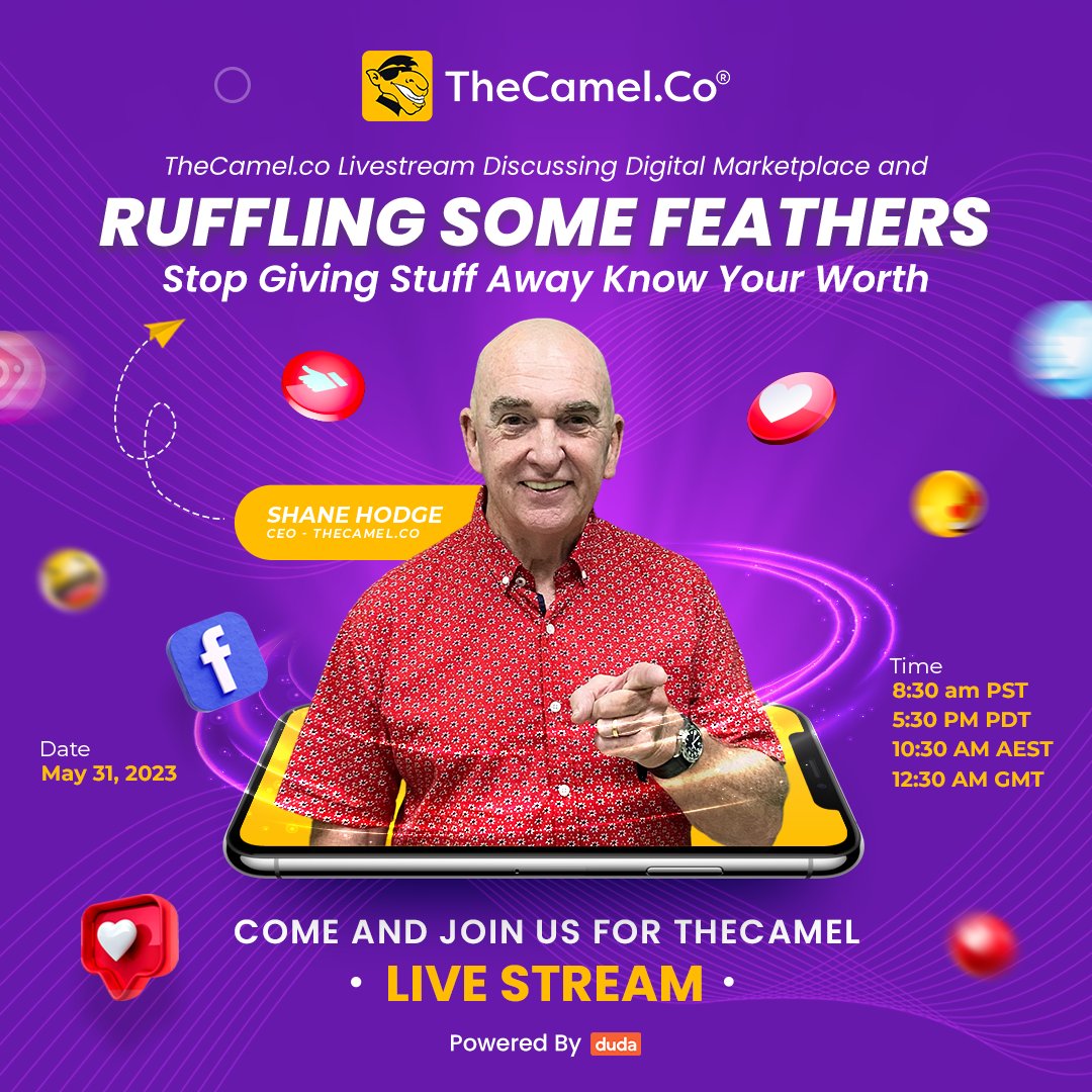 📷 Join us for TheCamel Live Stream Wednesday tomorrow, May 31, 2023, at 8:30 am!

This week's topic is '𝘚𝘵𝘰𝘱 𝘎𝘪𝘷𝘪𝘯𝘨 𝘚𝘵𝘶𝘧𝘧 𝘈𝘸𝘢𝘺, 𝘒𝘯𝘰𝘸 𝘠𝘰𝘶𝘳 𝘞𝘰𝘳𝘵𝘩.' 
#TheCamelLivestreamWednesday
#KnowYourWorth
#BrandingMatters