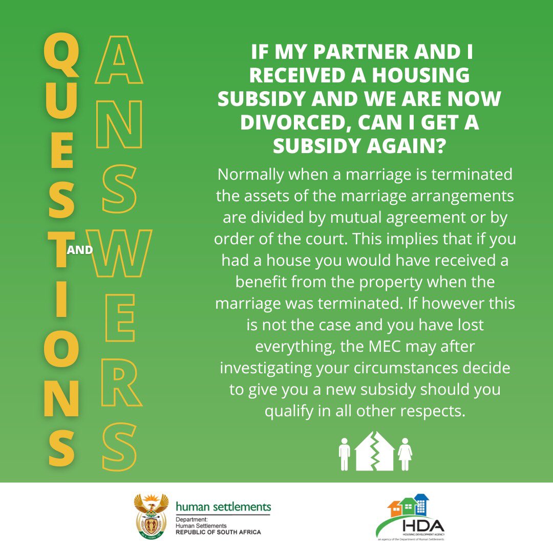 Q. If my partner and I received a housing subsidy and we are now divorced, can I get a subsidy again?

#TheHDA #DHSProjects #RebuildTheHDA #TuesdayTips #Q&A #YourQuestionsAnswered #FAQ #HousingTheNation #AffordableHousing #Housing #Property