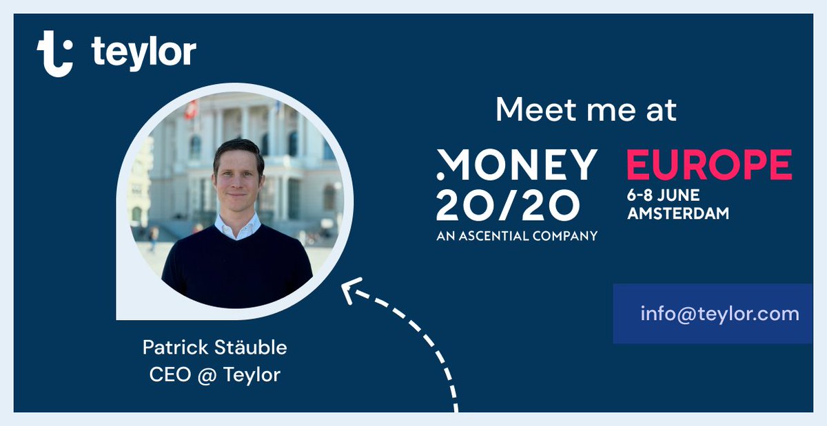 Meet Teylor at <a href="/money2020/">Money20/20</a> in Amsterdam from 6-8 June. Our founder &amp; CEO Patrick Stäuble will be there as well as our Head of Business Development Yannic Renatus. Reach out via info@teylor.com to arrange a meeting.

#fintech #money2020 #money2020eu #money2020europe