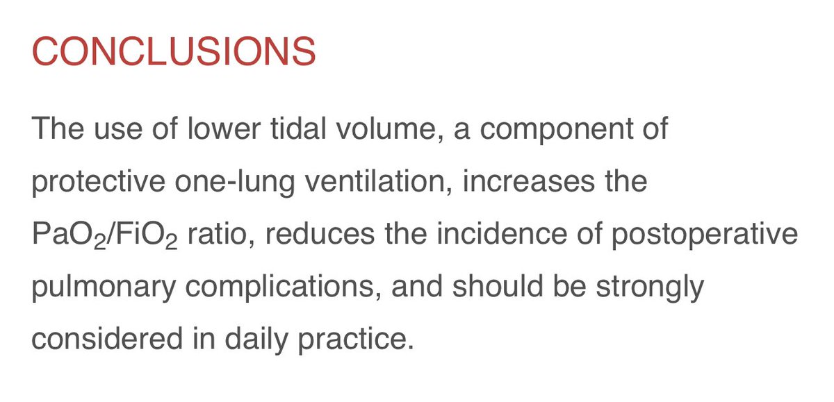 1-4
Our updated meta-analysis confirmed that low #tidalvolume during #onelungventilation 🔼 P/F ratio, 🔽 PPCs and 🔽 arrhythmias, but 🔼 PaCO2 & no effect on hospital stay
sciencedirect.com/science/articl… @JCVAonline @SCVA1997 @scahq @EACTAIC @Laura_Pasin @giovannilandoni @gelysamara