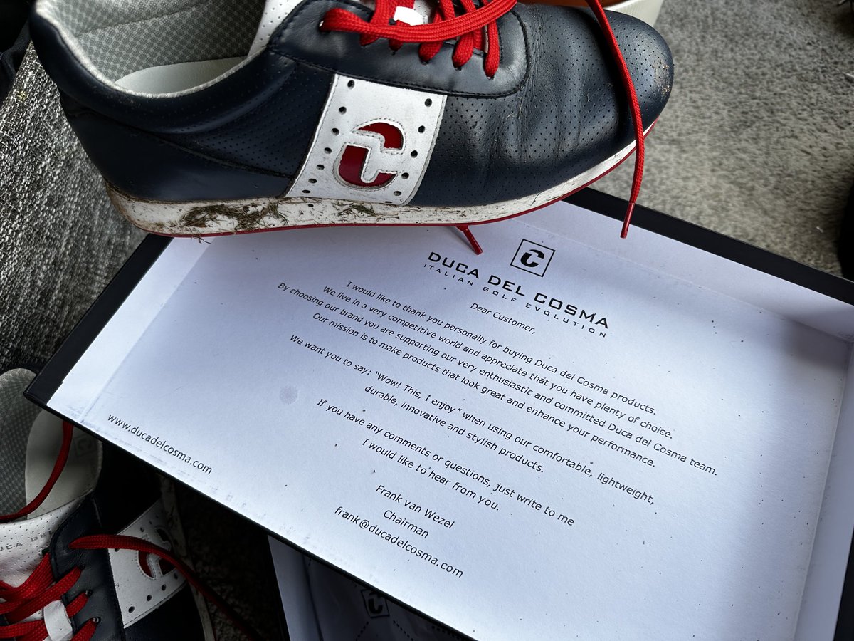 Bought these ⁦@Ducadelcosma_⁩ shoes and not only do they stand up to a wet Scottish day on the 🏌️🏻‍♂️ course but I liked the note from the chairman.