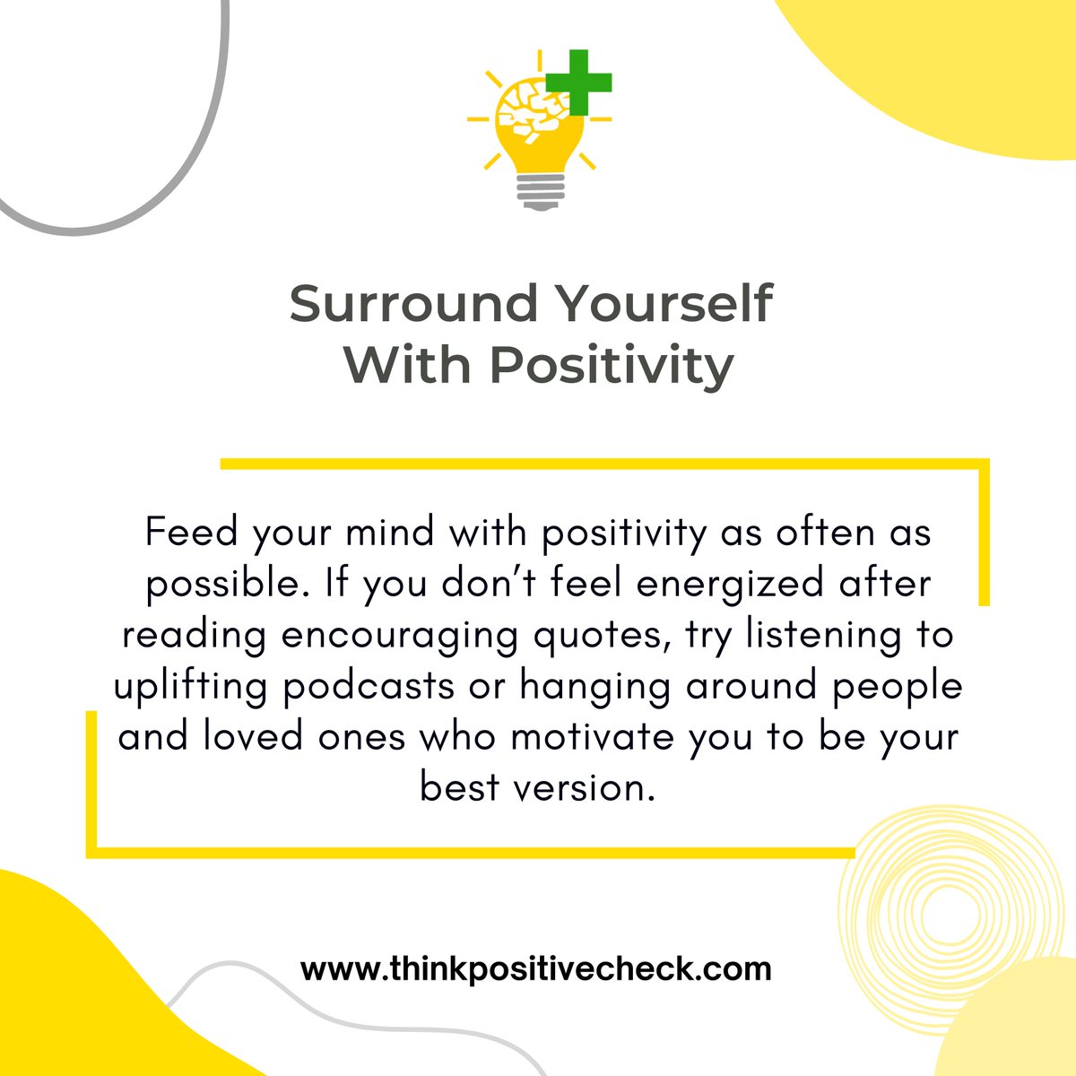 📌Surround Yourself With Positivity
👇 Learn more:
buff.ly/43Bico1

.
.
.
#thinkpositivecheck #positivemotivation #successforlife #happyquotes #spiritualvibes #lifeforhappy #motivationalquotes #motivation #quotes #inspiration #mindset #believe #positivevibes