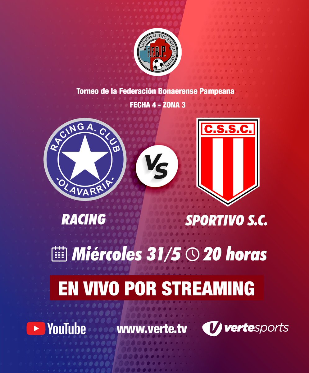 CanalVerte's tweet photo. ¡Quiero fútbol! ⚽ Este miércoles 31/5 mirá Racing vs. @ClubSportivoSC 🙌 A las 20 por el Torneo de la Federación Bonaerense Pampeana 📺📱💻EN VIVO por #streaming libre 🔔 ¡Activá el recordatorio!

▶️ https://t.co/23H31KmPlx

🔗 https://t.co/L0Q9TqPDQL

☝️ Exclusivo #VerteSports https://t.co/k7iKOTnTEy