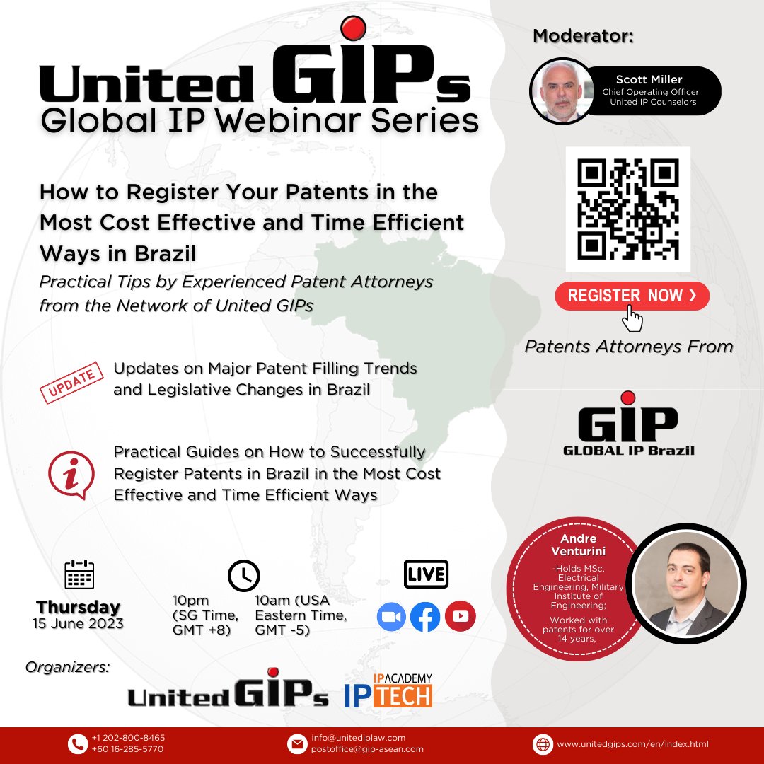 pintasip's tweet photo. 🌍The Global IP Webinar Series - Brazil🌍

✨Event Details:-
Date : 30 Mar 2023 (Thursday)
Time: 2PM – 3PM (Singapore Time GMT +8)
Venue : Zoom Live

📲Register Here: https://t.co/d7npuj89WE https://t.co/FPjYTwSrzr