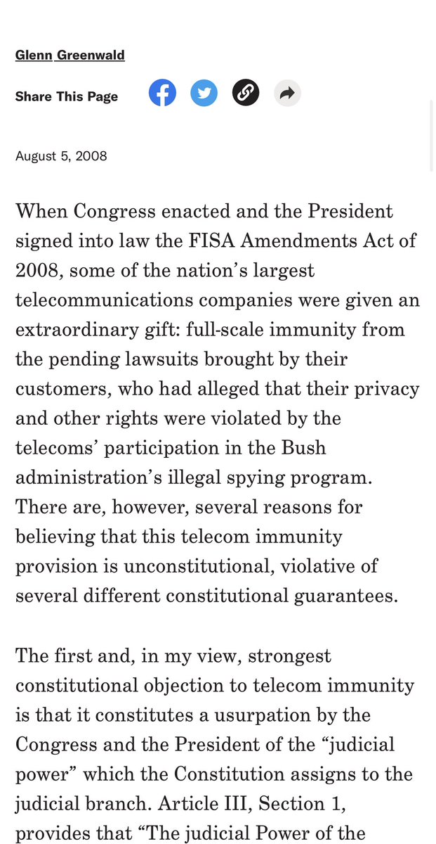 Kitty Crusader (@kit86421) on Twitter photo Remember that time in 2008, the US Government granted Immunity to the Telecom Companies for spying on us at Bush’s direction??? And <a href="/ggreenwald/">Glenn Greenwald</a> wrote about it for the ACLU???🤔🤔🤔
Our Government would never do that for human rights violations…😘👍
aclu.org/news/national-… Remember that time in 2008, the US Government granted Immunity to the Telecom Companies for spying on us at Bush’s direction??? And <a href="/ggreenwald/">Glenn Greenwald</a> wrote about it for the ACLU???🤔🤔🤔
Our Government would never do that for human rights violations…😘👍
aclu.org/news/national-…