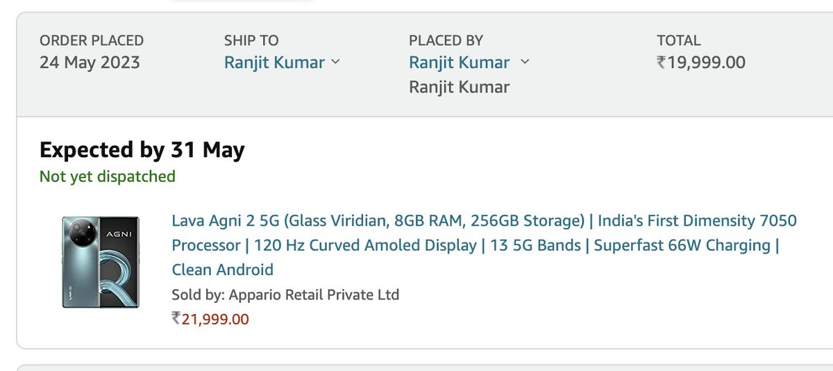geekyranjit's tweet photo. Good Morning, any one of you who had ordered the Lava Agni 2 smartphone via Amazon https://t.co/ZSF2hBSiG4 got it shipped yet or received the phone?

Mine still not shipped and now just says 31st May. https://t.co/xVWticIRZZ
