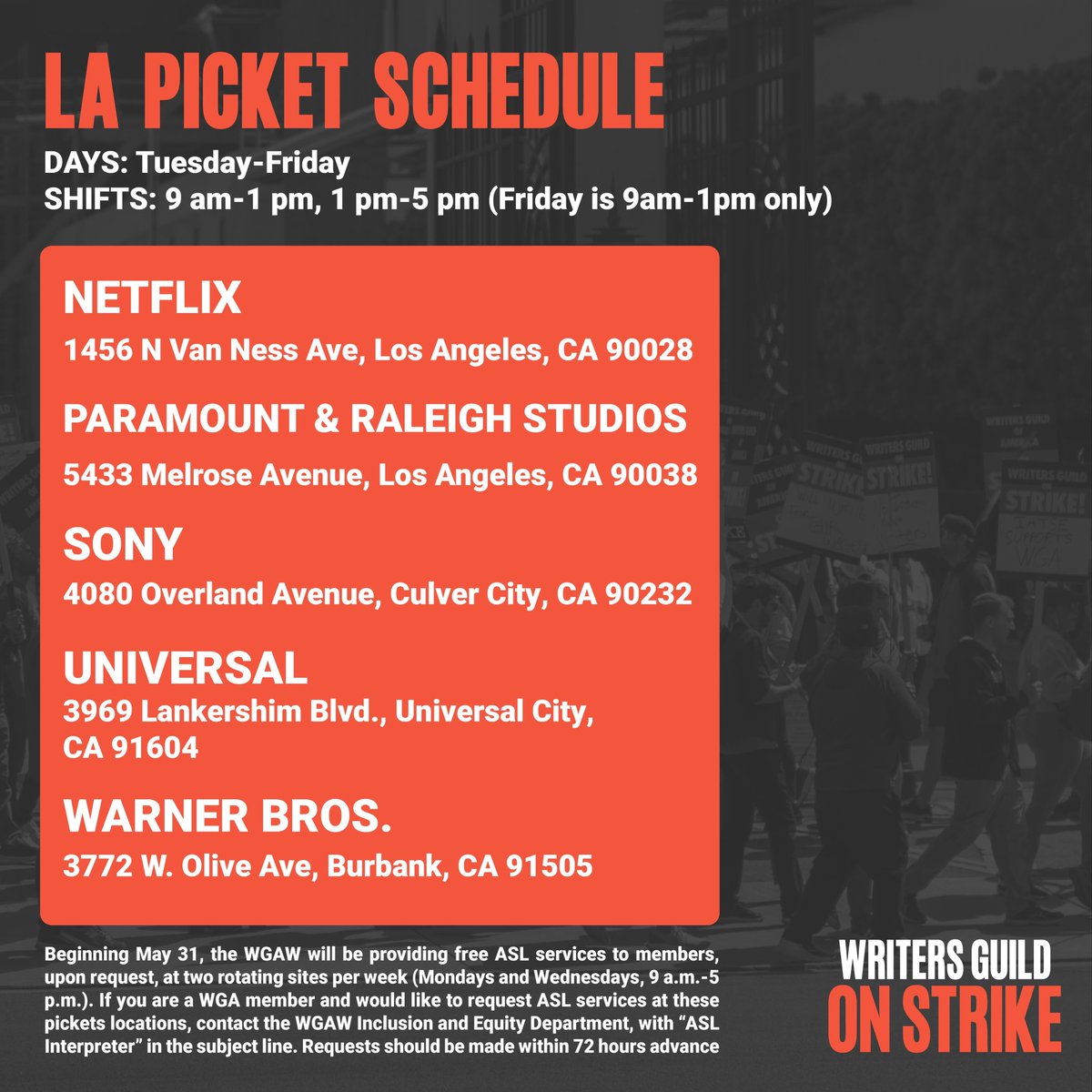 WGAWest's tweet image. Week 5 Picket Schedule 🪧 Please note there is no afternoon picketing on Friday
