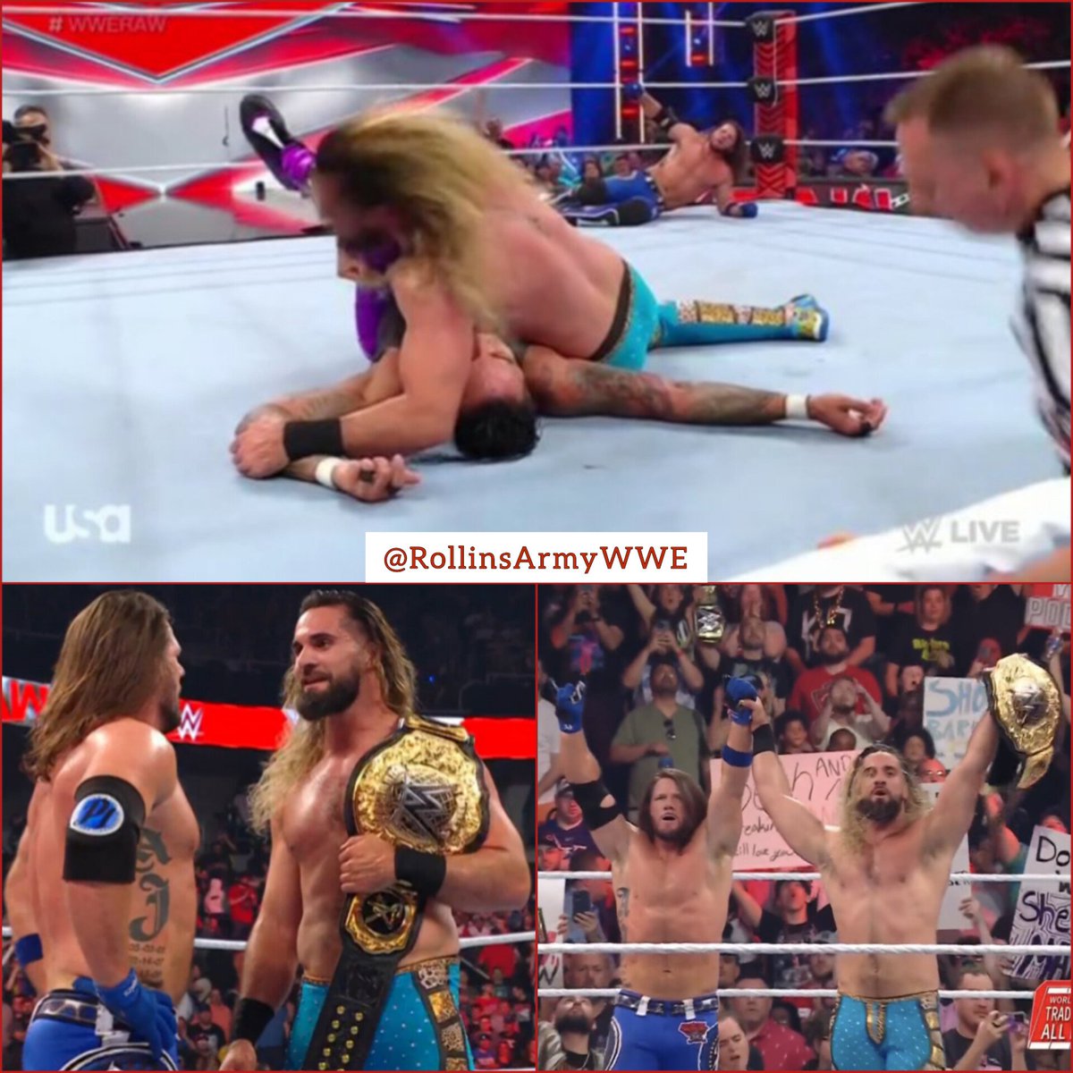 rollinsarmywwe's tweet photo. Seth Rollins STOMPS his way to a tag team victory on WWE Raw! 🔥🔥🔥

@WWERollins | @AJStylesOrg | #WWERaw
#SethRollins | #AjStyles | #RollinsArmy https://t.co/xftbTq6i06