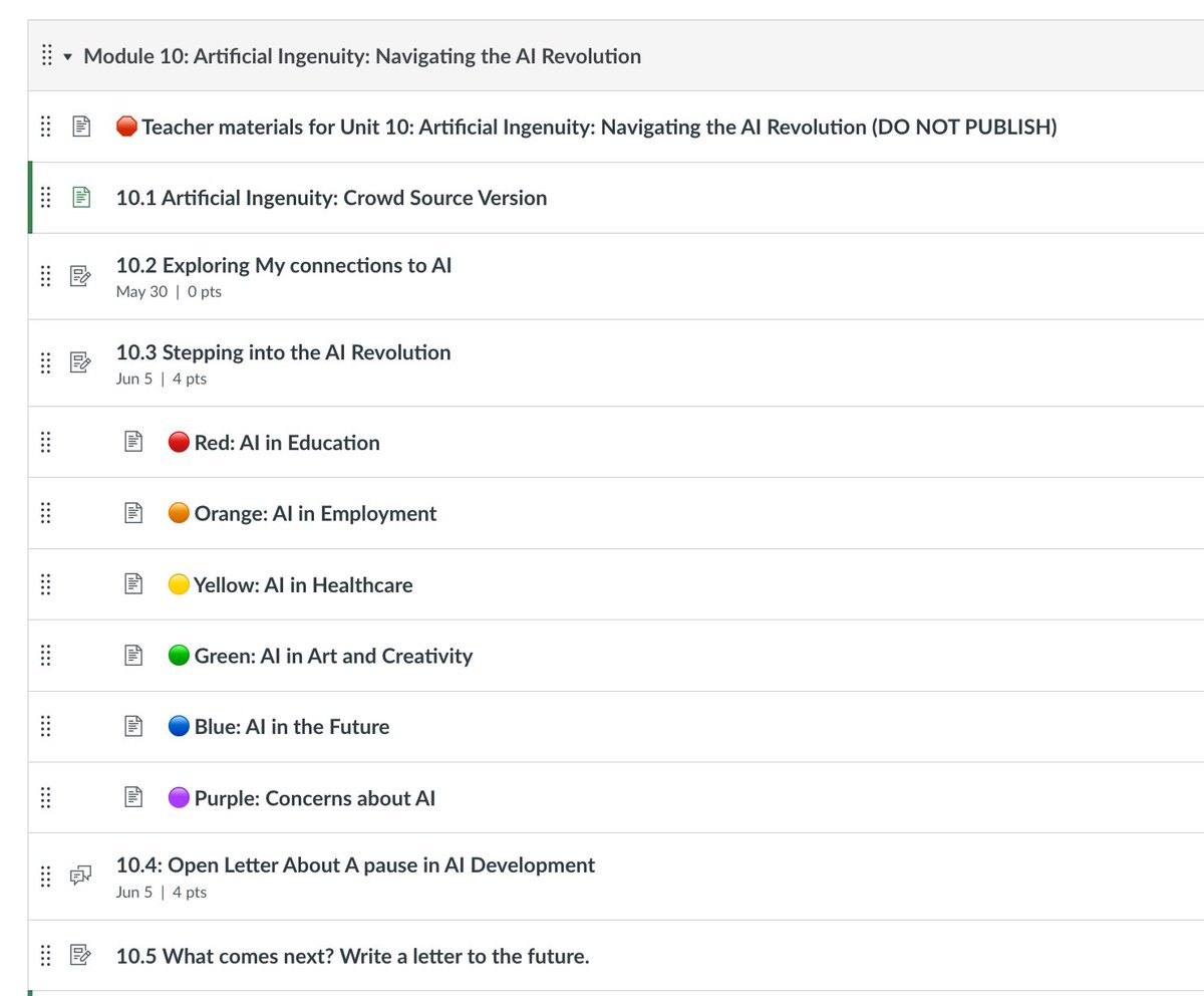 I spent several hours today building this Canvas module about generative AI for my seniors. AI chat bots were helpful, but the best resource was the videos and articles I had my students find and suggest last week. #AIinEducation #caedchat #erwc #wearecue