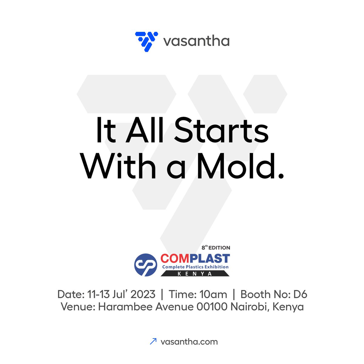 VasanthaGroup's tweet photo. We'll meet🤝at the location 📍
Date: 11-13 Jul' 2023 | Time: 10am | Booth No: D6
Venue: Harambee Avenue 00100 Nairobi, Kenya
📧 info@vasantha.com 🌐 https://t.co/uNEOOz0eQF
#Complast #TradeShows #Vasantha #Molds #Automation #Moldmaking #Injectionmolds https://t.co/YXSscQcVY4