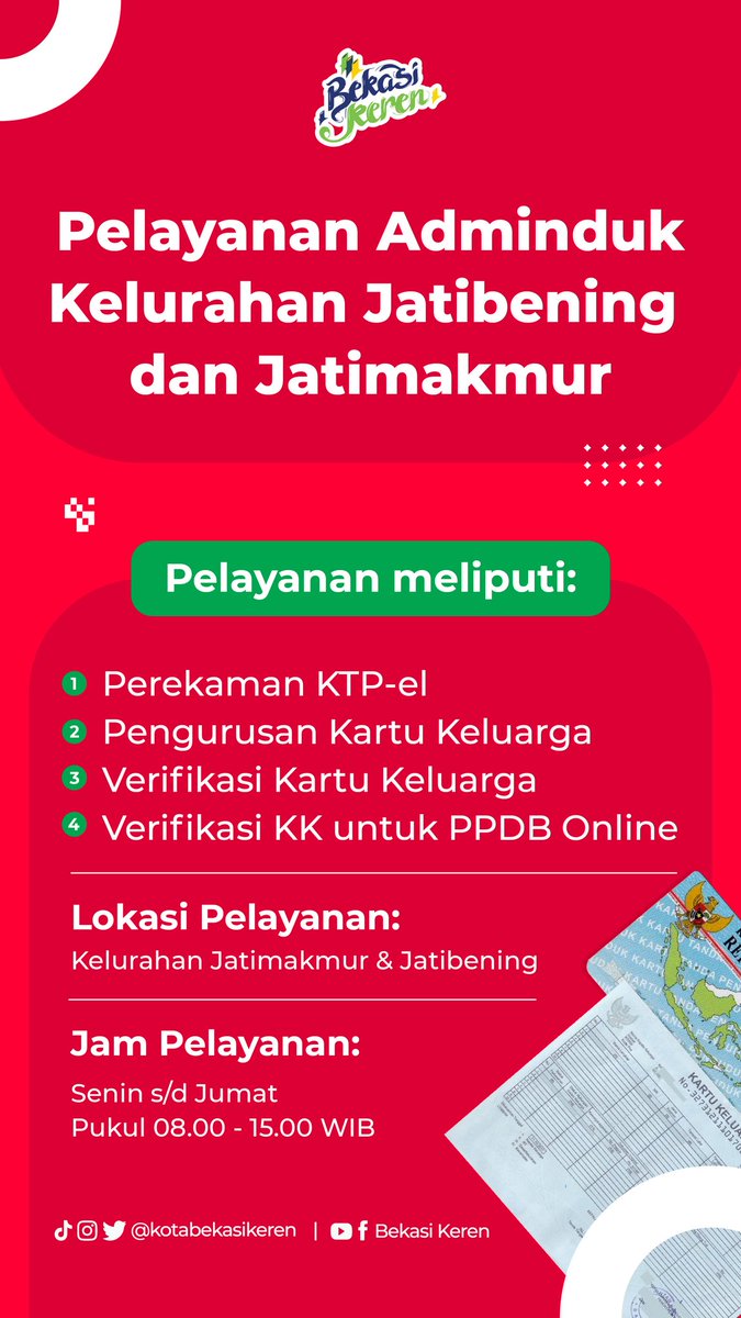 Halo Bekasinians!

Ada info pelayanan adminduk untuk warga Kelurahan Jatibening dan Jatimakmur.

Simak jenis pelayanan dan jadwalnya di sini yaa 😉👇🏻