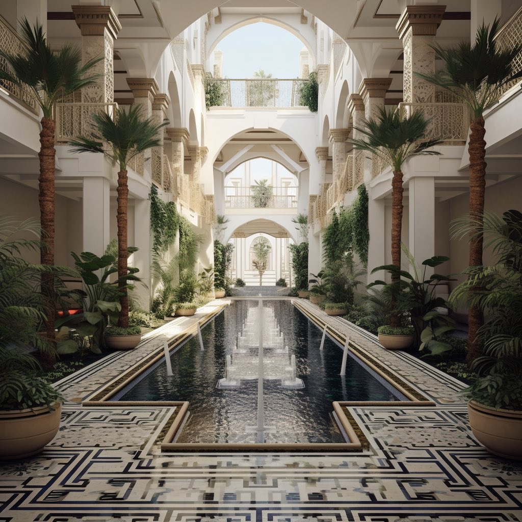 Luxury center fountain with a garden in a three story hall #interiordesign #interiorarchitecture #landscapedesign #designconcept