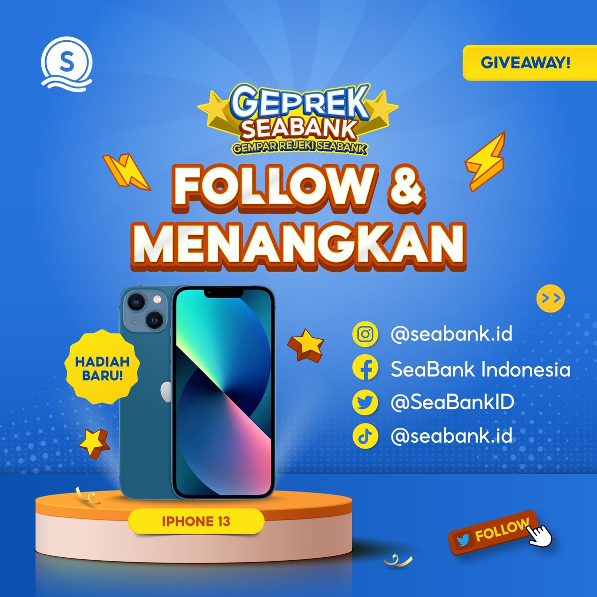 SeaBankID's tweet photo. 🌟GIVEAWAY IPHONE 13 #GEPREKSEABANK 🌟

Yuk cek dan ikuti S&amp;K berikut:
1. FOLLOW semua media sosial SeaBank Indonesia,
2. REPLY username IG, FB, TW, TT &amp; TAG 1 teman kamu!
3. Cek slide ketiga untuk cara menjawabnya!

Info selengkapnya bisa cek di slide kedua!😊 #SeaBankID https://t.co/Bb7i9wdhQZ