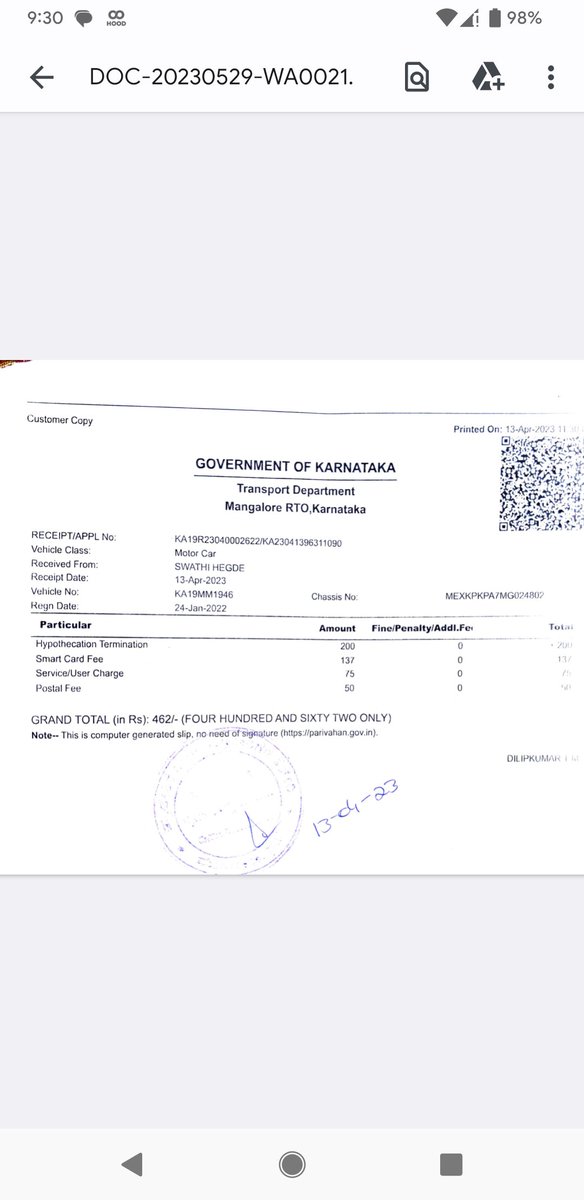 Weird_angle's tweet photo. @tdkarnataka Submitted application for hypothecation removal on 12th April in Mangalore RTO. Visited RTO 3 times. Hypothecation has not been removed yet. Need new RC immediately. Please help escalate https://t.co/cwHkIsbuGi