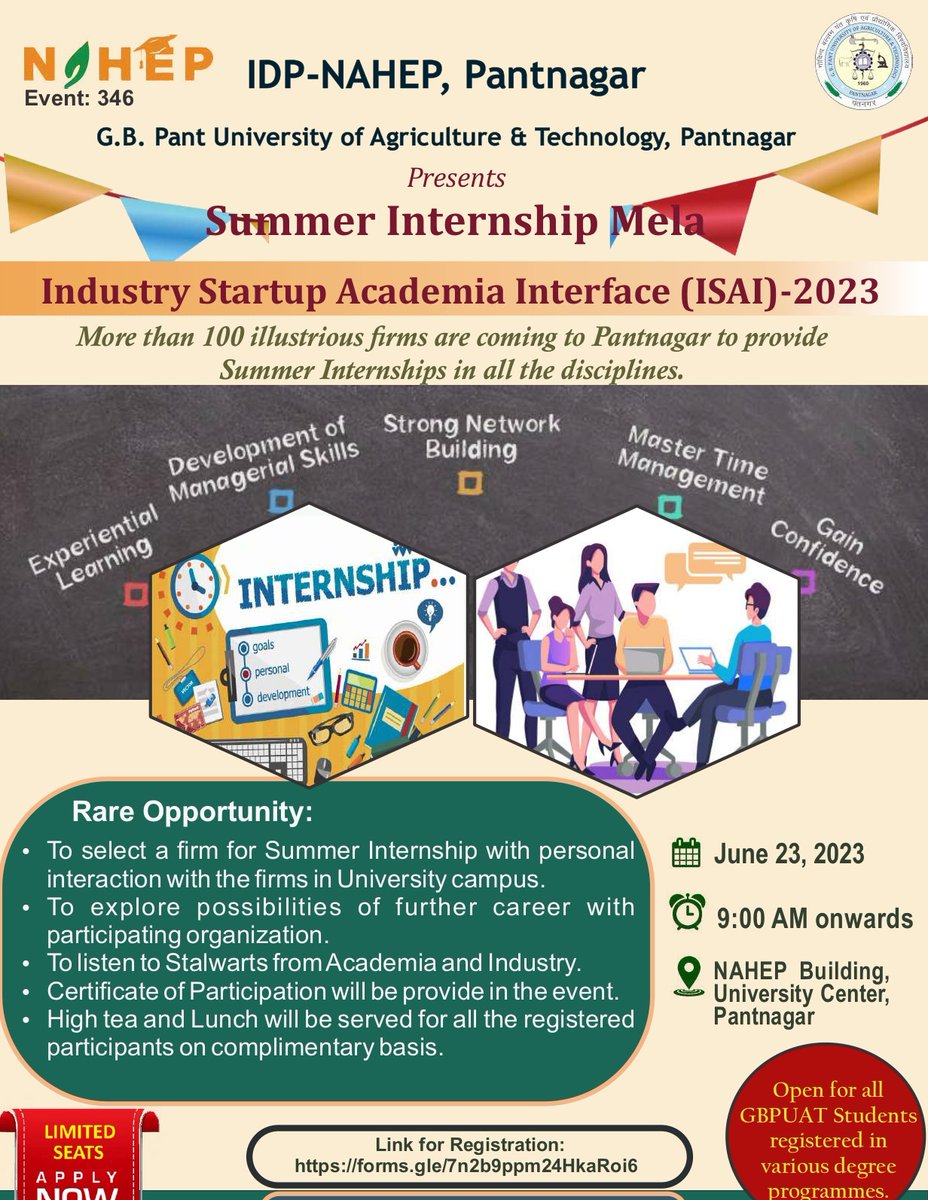IDP_Pantnagar's tweet photo. GBPUA&amp;T and IDP-NAHEP, Pantnagar presents Summer Internship Mela (Industry Startup Academia Interface-2023) on June 23, 2023
Apply through this link:
https://t.co/ilyEennMOy

Limited Seats Available! https://t.co/nGj398nID6
