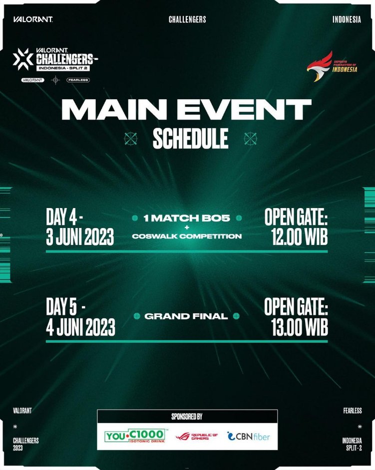valesports_sea_'s tweet photo. #VCLID - Split 2, Main Event.
Main Event Schedule @ the Center Atrium - Mal Taman Anggrek.
VALORANT Challengers League Indonesia - Split 2 starts tomorrow, May 31 @ 12 PM GMT+8! https://t.co/cdoG4TDQSF