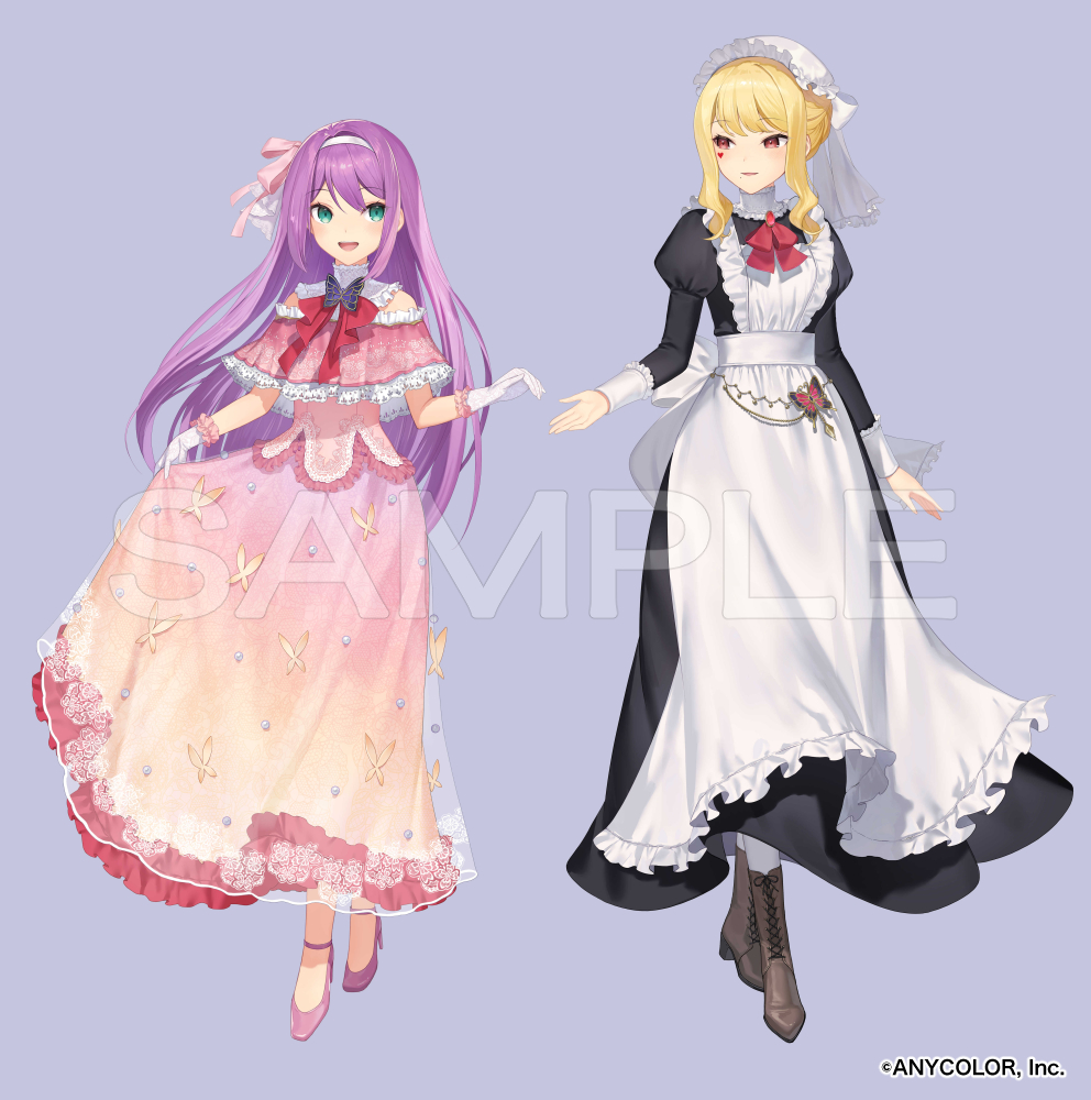 multiple girls 2girls blonde hair apron dress smile pink footwear  illustration images