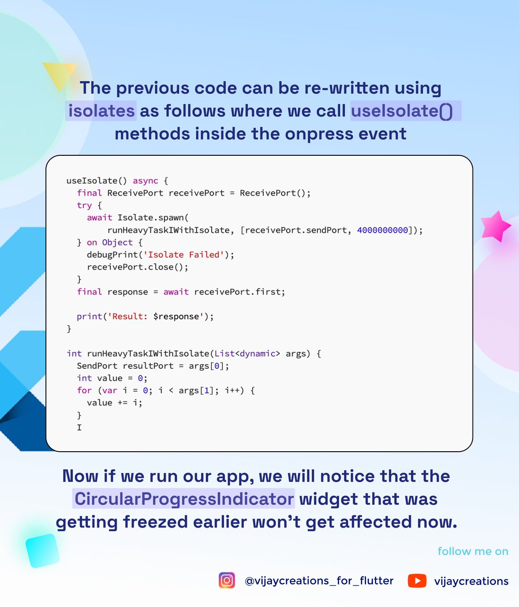 Want to know why and when to use Isolates in Flutter? Check out my tutorial: youtu.be/g6sPAWCFgtE 

Visit my channel for more awesome flutter contents: lnkd.in/gYh4HAfD 

#animation #flutter #flutterdev #mobile #mobileapp #appdesign #flutterapp #appdev #mobileapp #ui