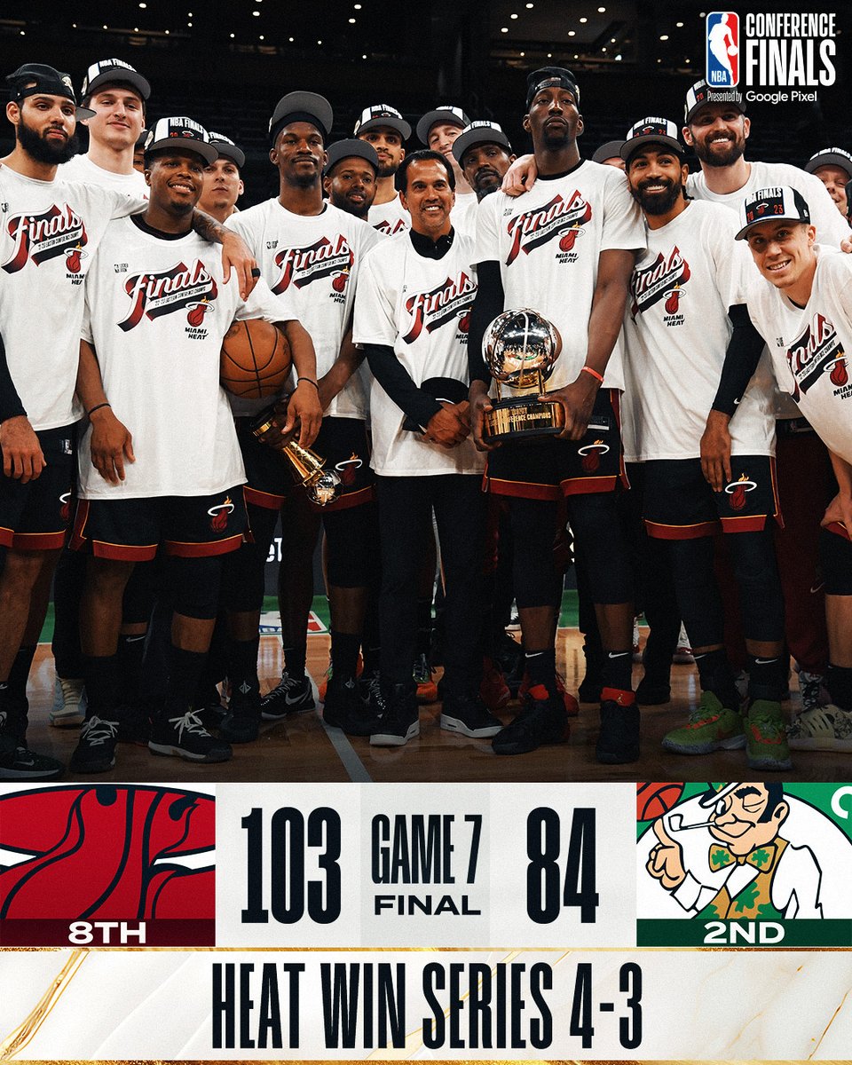 NBA's tweet photo. 🏀 FINAL SCORE 🏀

The @MiamiHEAT win Game 7 to advance to the #NBAFinals presented by @YouTubeTV!

Jimmy Butler: 28 PTS, 7 REB, 6 AST, 3 STL
Caleb Martin: 26 PTS, 10 REB

🆚 MIA/DEN Game 1:
📅 Thursday, 6/1 at 8:30 PM ET on ABC https://t.co/gvl5IcvaaX