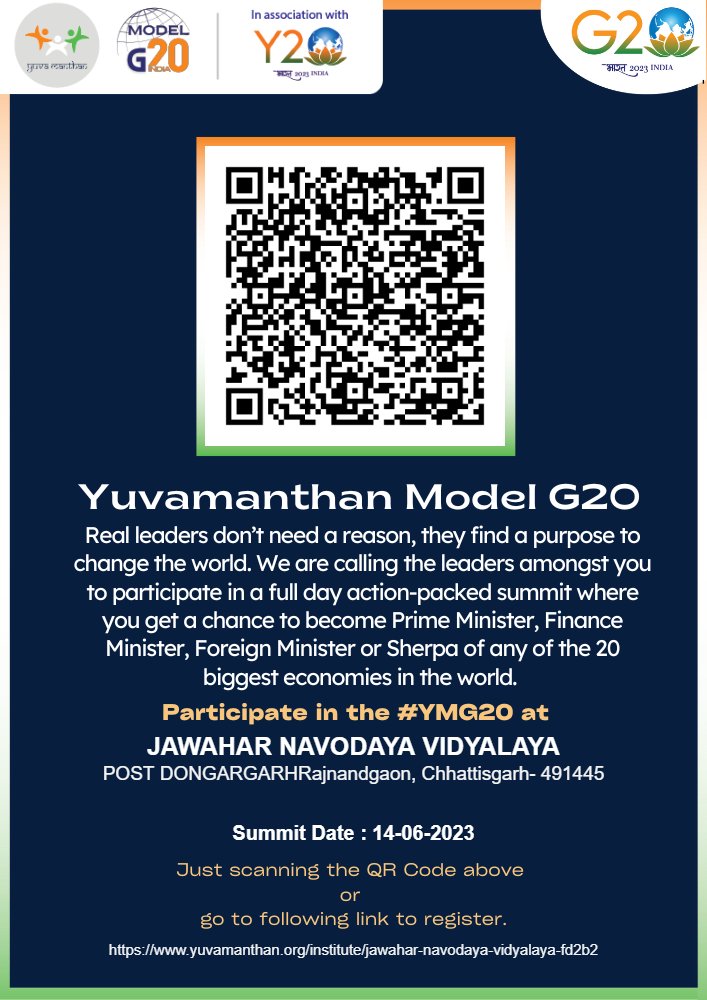 Dear Student! The much anticipated Yuvamanthan Model G20 Summit (YMG20) is finally happening in JAWAHAR NAVODAYA VIDYALAYA . Click on the link below to register: yuvamanthan.org/institute/jawa… 
Complete the short G20 Orientation Course. to receive certificate.
#YMG20
@CommissionerNVS