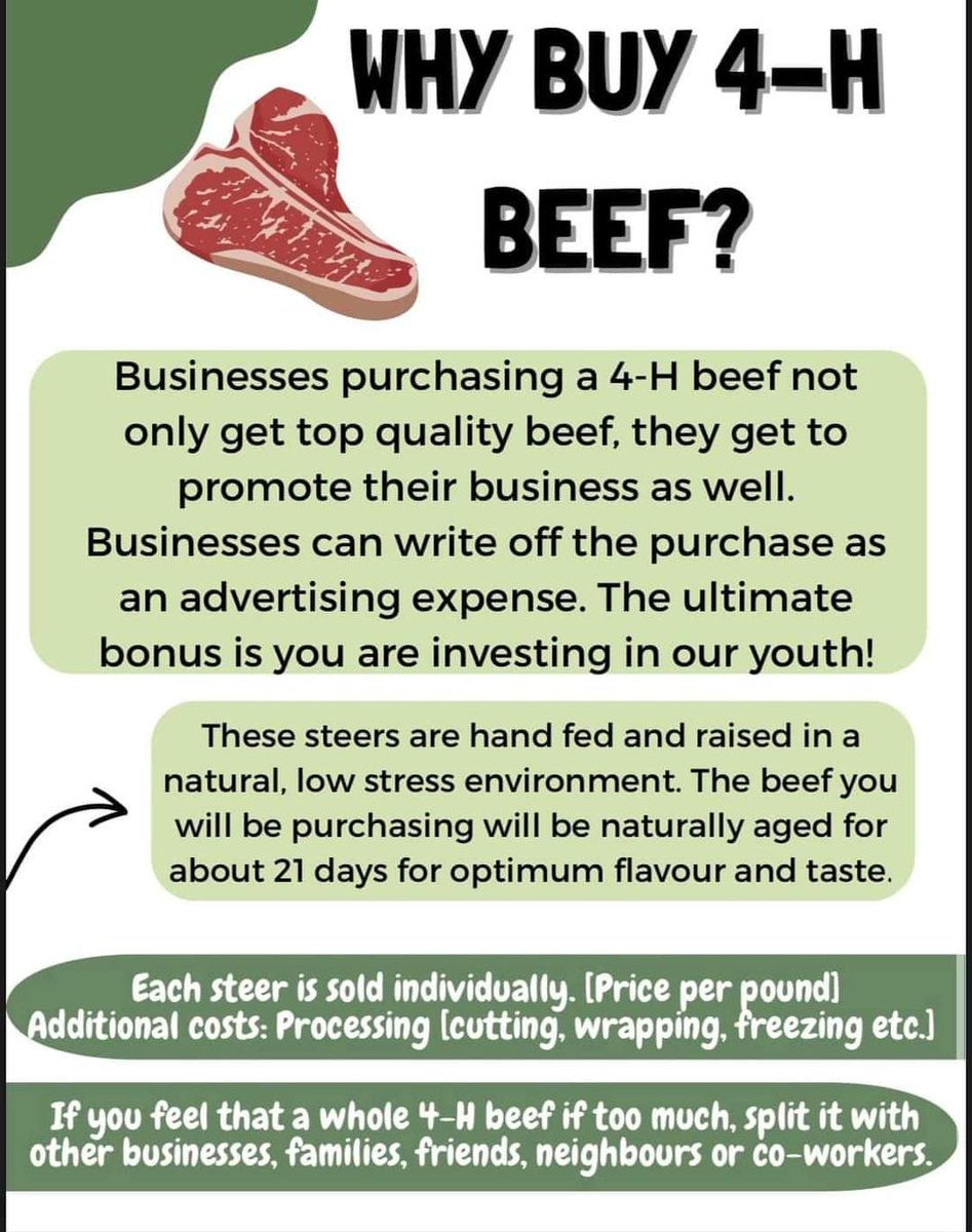 Frontier Days Regional 4H show and steer sale is happening June 28 to July 1st.  Steer sale July 1st 4pm Swift Current Exhibition Grounds.  Reach out to myself or any local 4H member/club for more information.  Best beef there is.