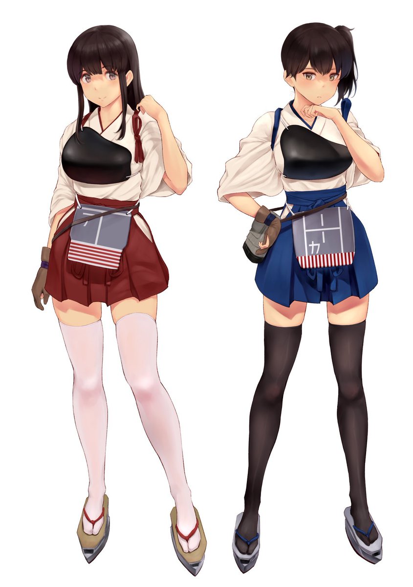 akagi (kancolle) ,kaga (kancolle) multiple girls thighhighs 2girls long hair muneate japanese clothes skirt  illustration images