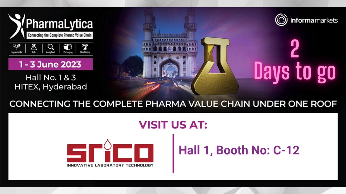 #2daystogo  Pharmalytica India...!. 
Visit us at 𝐇𝐚𝐥𝐥 𝐍𝐨:𝟏 𝐁𝐨𝐨𝐭𝐡 𝐍𝐨: 𝐂-𝟏𝟐  happening at #Hitex Hyderabad to explore the wide range of #LabEquipments that suits all your #laboratoryEquipment Needs.

#srico #event #tradeshow #hyderabad #pharma #labequipment