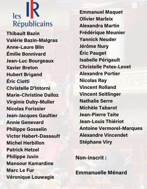 « Voilà les députés LR + Emmanuelle Ménard qui ont sauvé Borne et Macron en refusant de voter la #MotionDeCensureTransPartisane ! 

Honte à eux ! » Antoine M.

Ne pas oublier… 😏👿😔