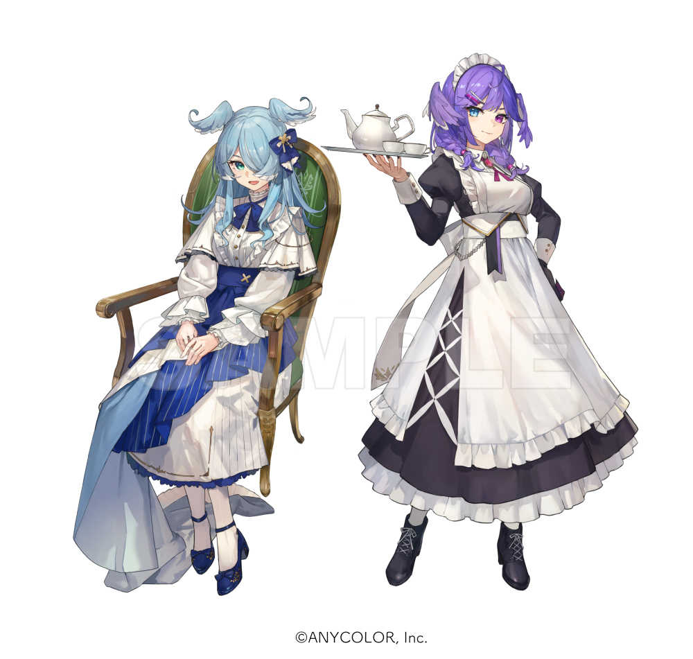 elira pendora ,selen tatsuki multiple girls 2girls head wings hair over one eye blue eyes maid headdress maid  illustration images
