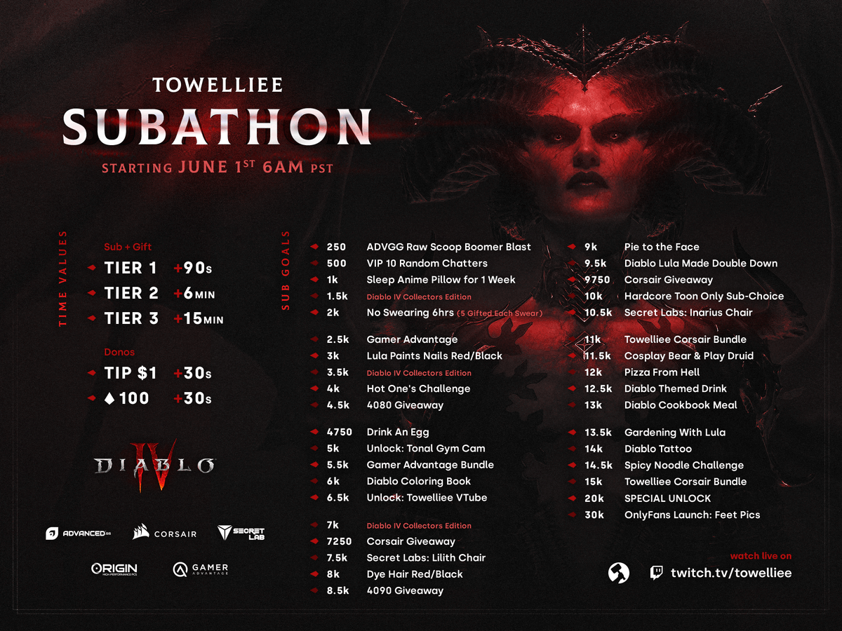 The <a href="/Diablo/">Diablo</a> 4 #DiabloIV 2nd Annual Subathon begins June 1st at 6AM PST! Thanks to our sponsors <a href="/ORIGINPC/">ORIGIN PC</a> <a href="/CORSAIR/">CORSAIR</a> <a href="/ADVANCEDgg/">ADVANCED®</a> <a href="/secretlabchairs/">Secretlab</a> <a href="/GamerAdvantage/">Gamer Advantage</a> for hooking up the stream! Insane TY to @FlatlineTV <a href="/Rocket_Lion/">Rocket Lion</a> <a href="/iilucreative/">iilu</a> for making the stream look amazing with
