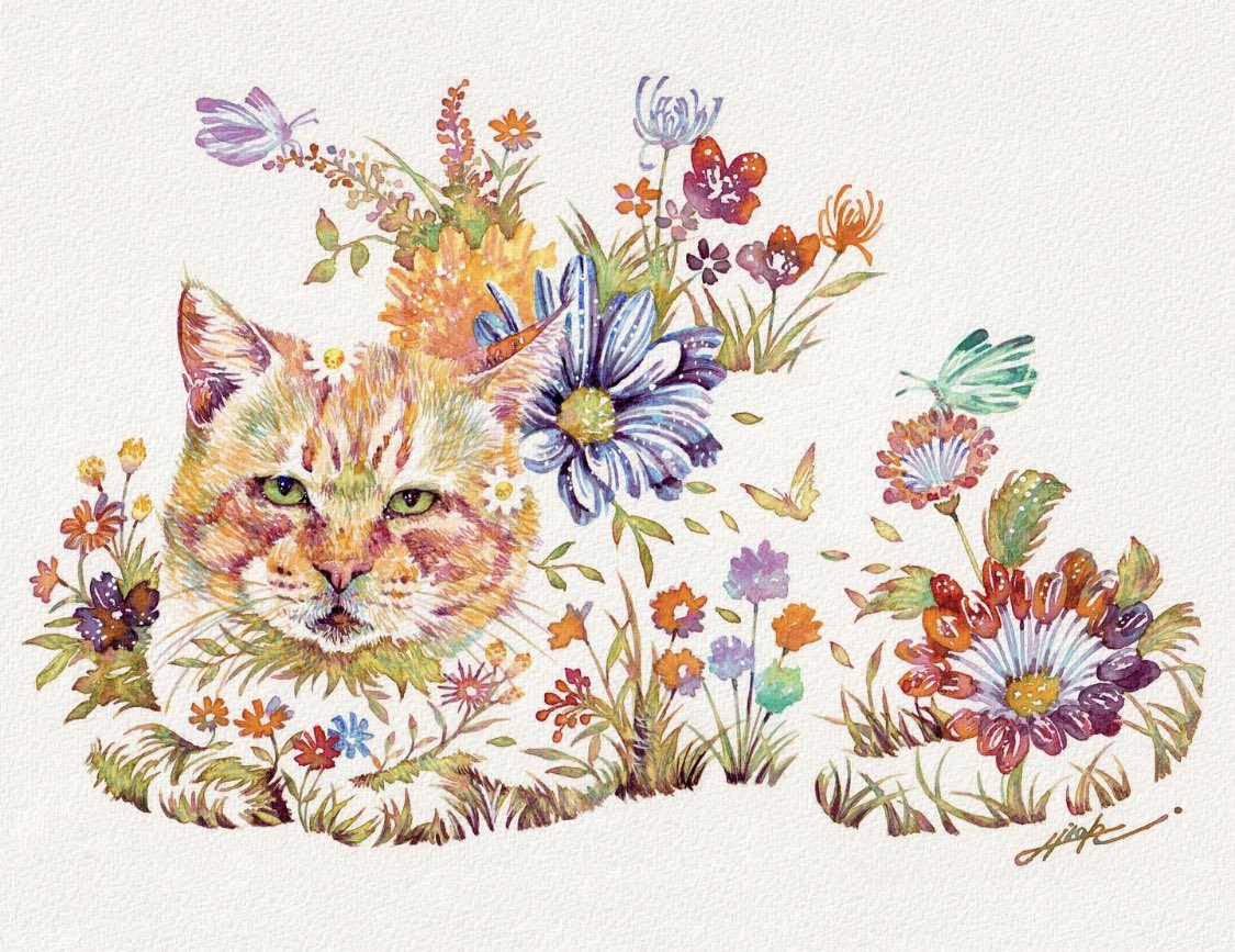 「あらいらっしゃい  #ネコ #キャット #cat #水彩画 #水彩 #花」|タケダヒロキのイラスト