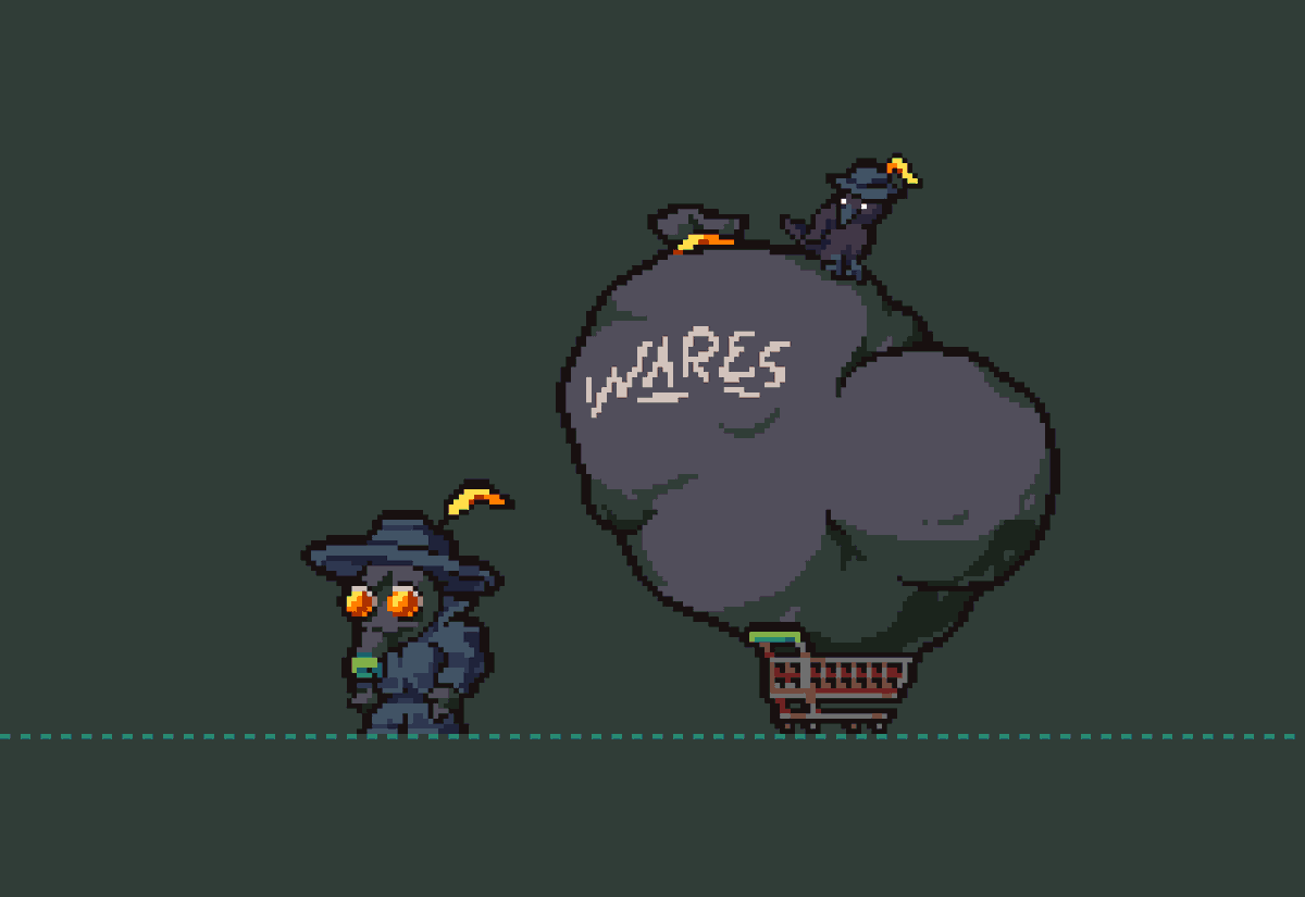 Even in the most rancid, nigh inhospitable places of Olathe one can find a salesman, willing to trade whatever wares they've accumulated for your mags and goods. #lisarpg #pixelart