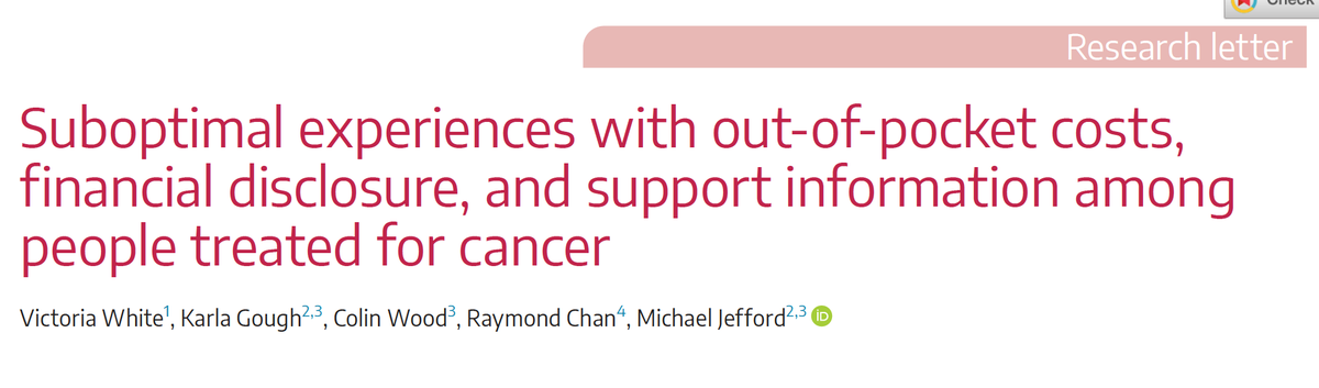 🚨 New #OpenAccess paper in @medjaust: Even with universal healthcare in 🇦🇺 people w #cancer have out of pocket costs, report issues with financial disclosure and limited offers of support. We identified factors associated with poor outcomes. #fintox onlinelibrary.wiley.com/doi/full/10.56…