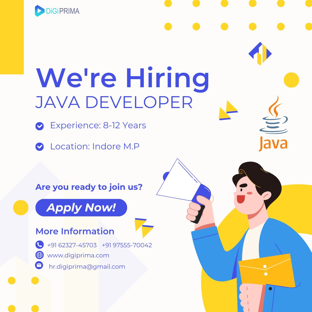 DigiprimaTech's tweet image. Ready to showcase your Java expertise? We're actively hiring Java developers who are eager to make a significant impact. Take the next step in your career with us!
Send your CV to: hr.digiprima@gmail.com
Call:- +91 62327-45703
#JavaCareer #JoinOurTeam #JavaCodingJobs #TechJobs